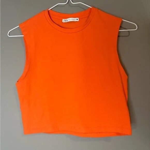 Zara size Small Women's Orange Crop Sleeveless Top, Cotton, Bright - Picture 1 of 5
